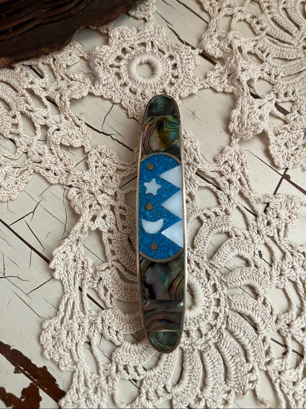 Handmade Abalone and Turquoise Inlay hair barrette- White and Blue Design - Picture 2 of 6